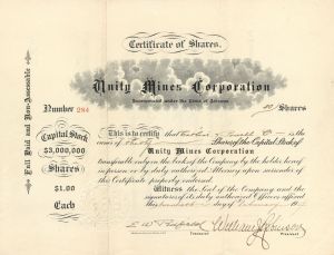 Unity Mines Corp. - 1907 Mining Stock Certificate