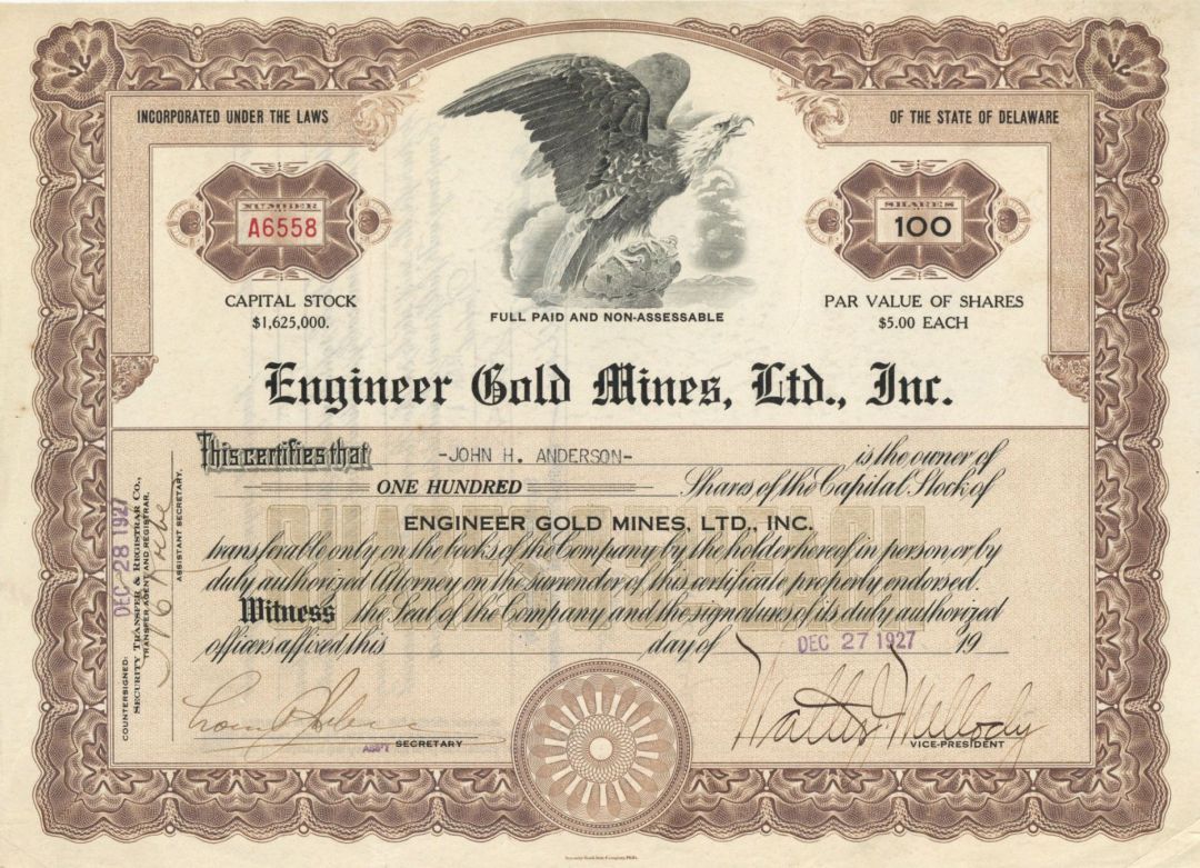 Engineer Gold Mines, Ltd., Inc. - Stock Certificate