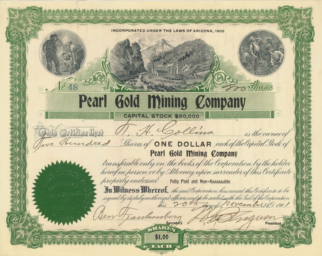 Pearl Gold Mining Co. - 1901 dated Arizona Mining Stock Certificate