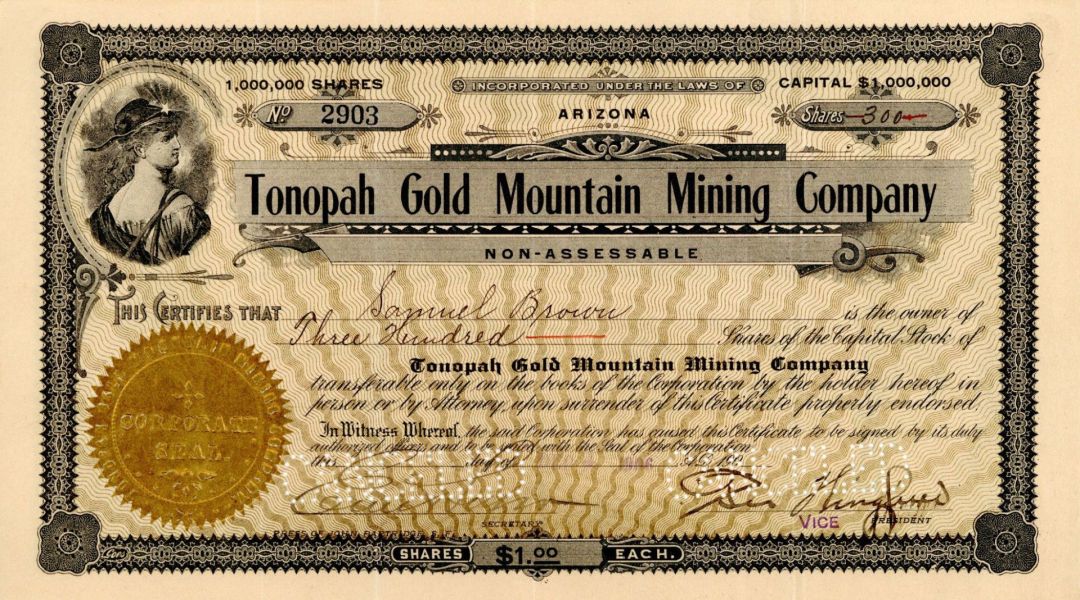 Tonopah Gold Mountain Mining Co. - 1906 dated Arizona Stock Certificate