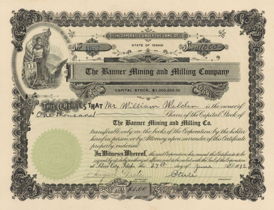 Banner Mining and Milling Co. - 1912 dated Stock Certificate