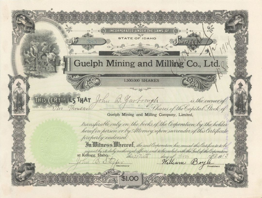 Guelph Mining and Milling Co., Ltd. - 1913 dated Stock Certificate