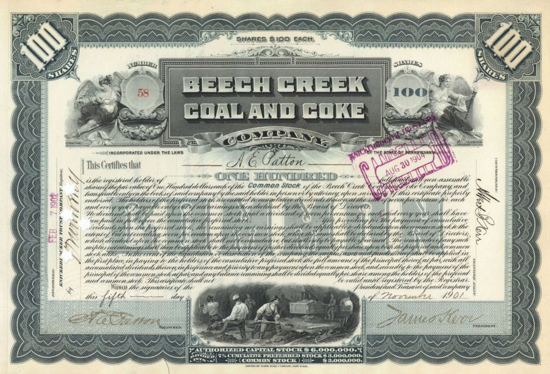 Beech Creek Coal and Coke Co. - 1901 dated Mining Stock Certificate