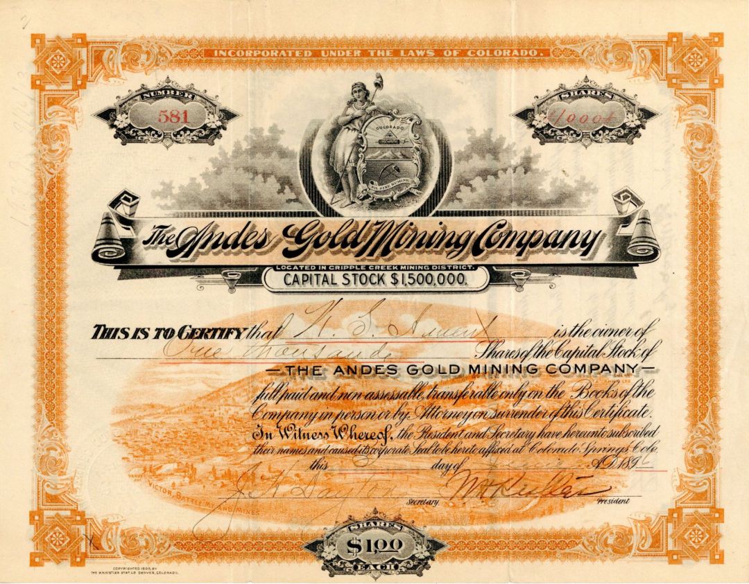 Andes Gold Mining Co. - 1896 dated Cripple Creek Mining District Stock Certificate - Colorado Springs, Colorado