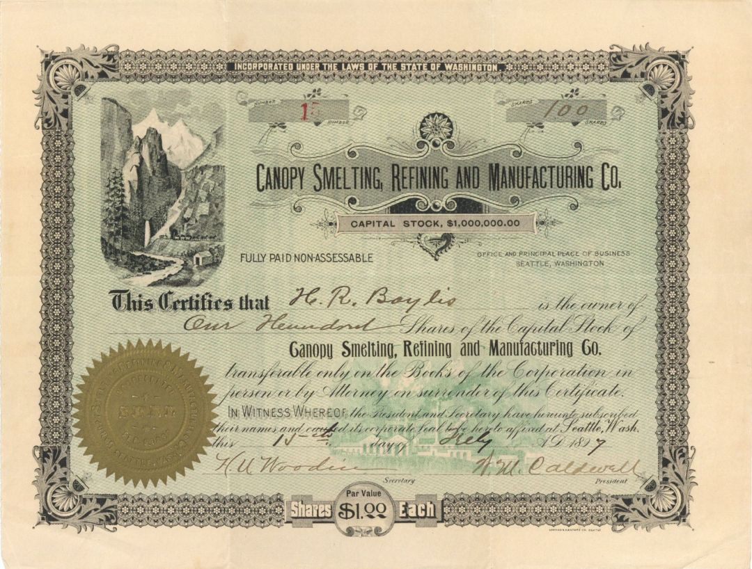 Canopy Smelting, Refining and Manufacturing Co. - 1897 dated Stock Certificate