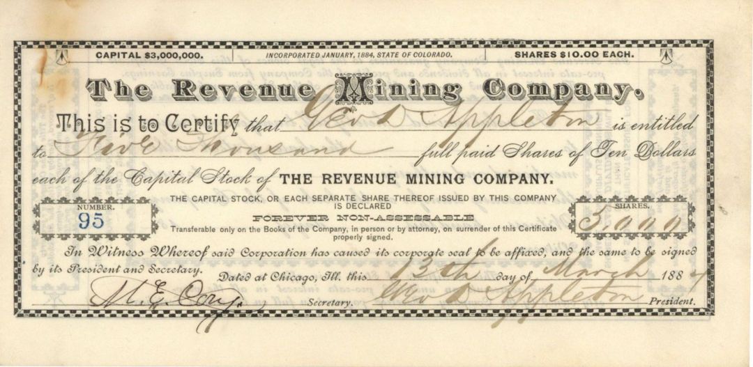 Revenue Mining Co. - 1887 dated Stock Certificate