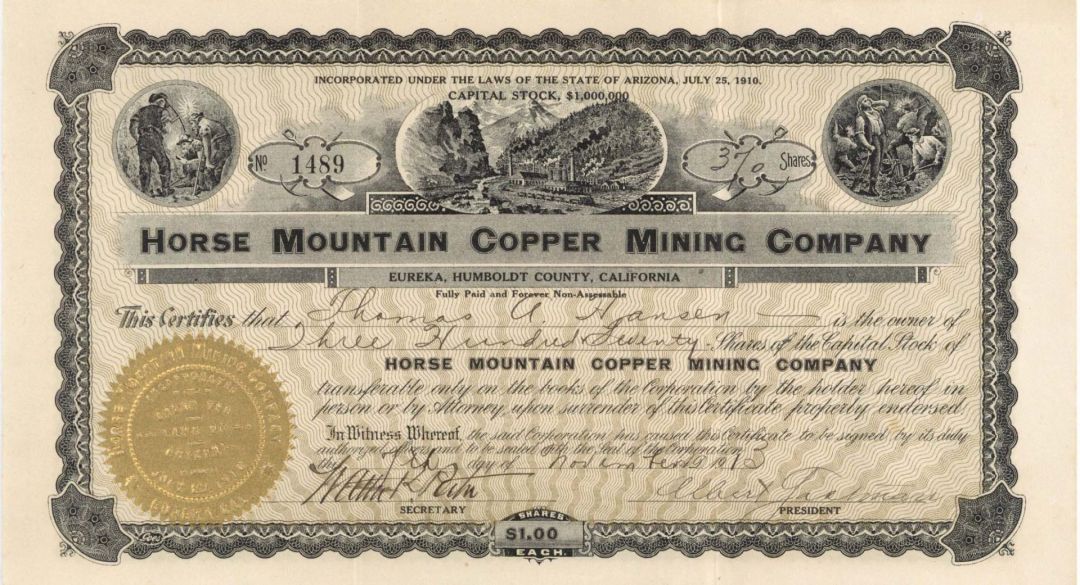 Horse Mountain Copper Mining Co.  -  1913 dated Stock Certificate