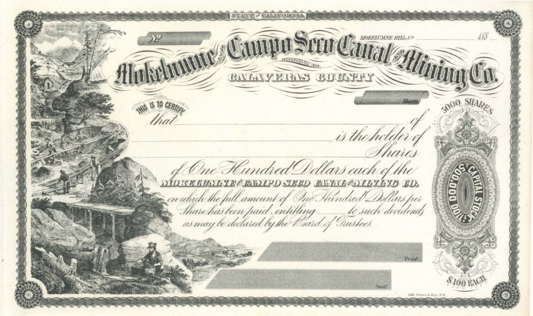 Mokelumne and Campo Seco Canal and Mining Co.  -  Unissued Stock Certificate