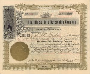 Miners Gold Developing Co. - 1904 dated Mining Stock Certificate