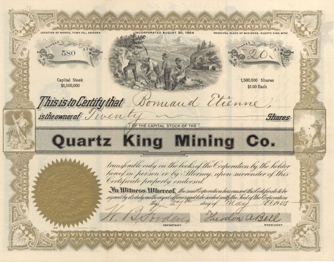 Quartz King Mining Co. - 1905 dated Mining Stock Certificate