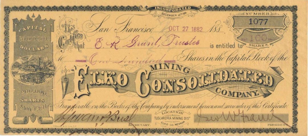 Elko Consolidated Mining Co. - 1882 dated Mining Stock Certificate