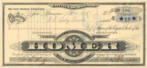 Homer Mill and Mining Co. - 1879 dated Mining Stock Certificate - Mono County, California