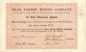 Peak Forest Mining Co. - 1858 dated Mining Stock Certificate