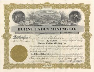 Burnt Cabin Mining Co. - 1926, 1927 or 1928 dated Mining Stock Certificate