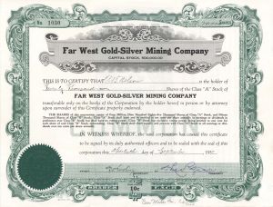 West Gold-Silver Mining Co. - 1937 dated Mining Stock Certificate