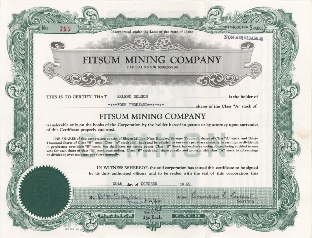 Fitsum Mining Co. - 1939 or 1941 dated Mining Stock Certificate