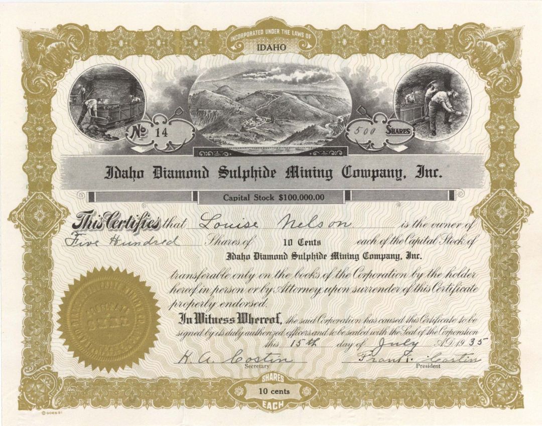 Idaho Diamond Sulphide Mining Company, Inc. - 1935 dated Mining Stock Certificate