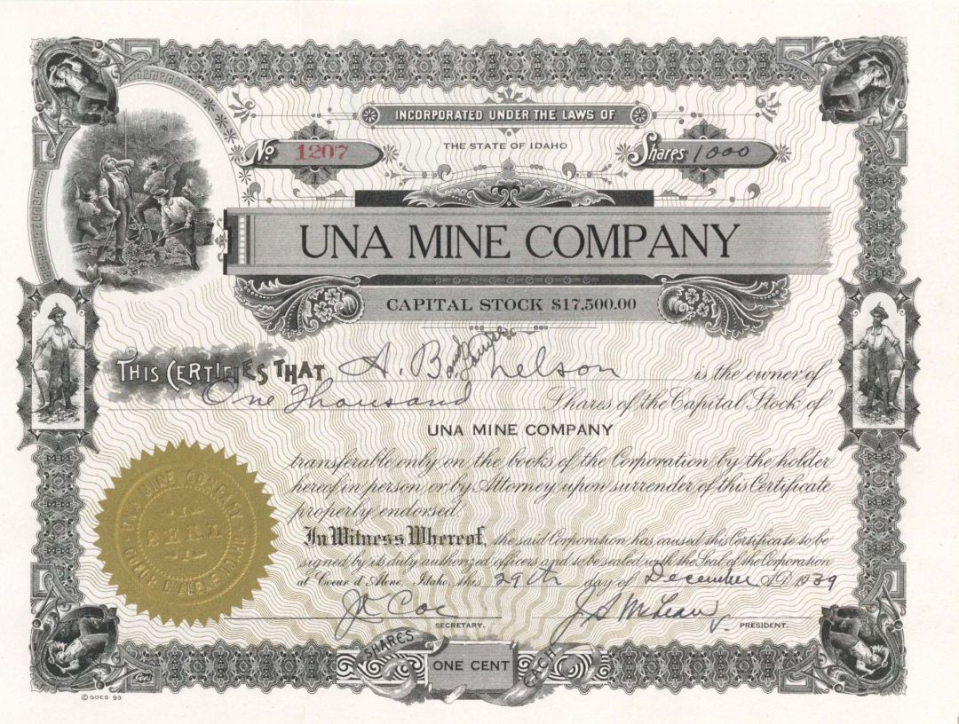 Una Mine Co. - 1939 dated Mining Stock Certificate