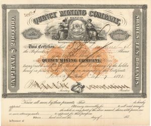 Quincy Mining Co. of Michigan - 1872 dated Mining Stock Certificate