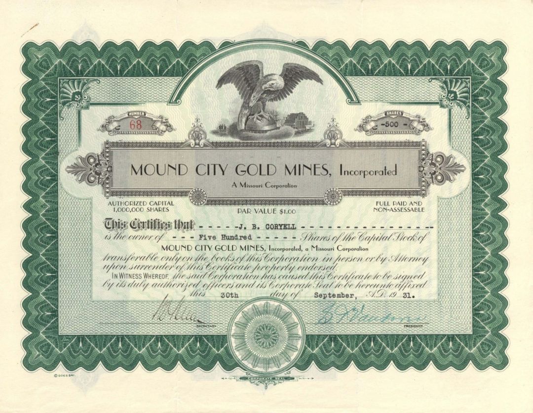 Mound City Gold Mines, Inc. - 1931 dated Mining Stock Certificate