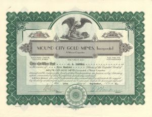 Mound City Gold Mines, Inc. - 1931 dated Mining Stock Certificate