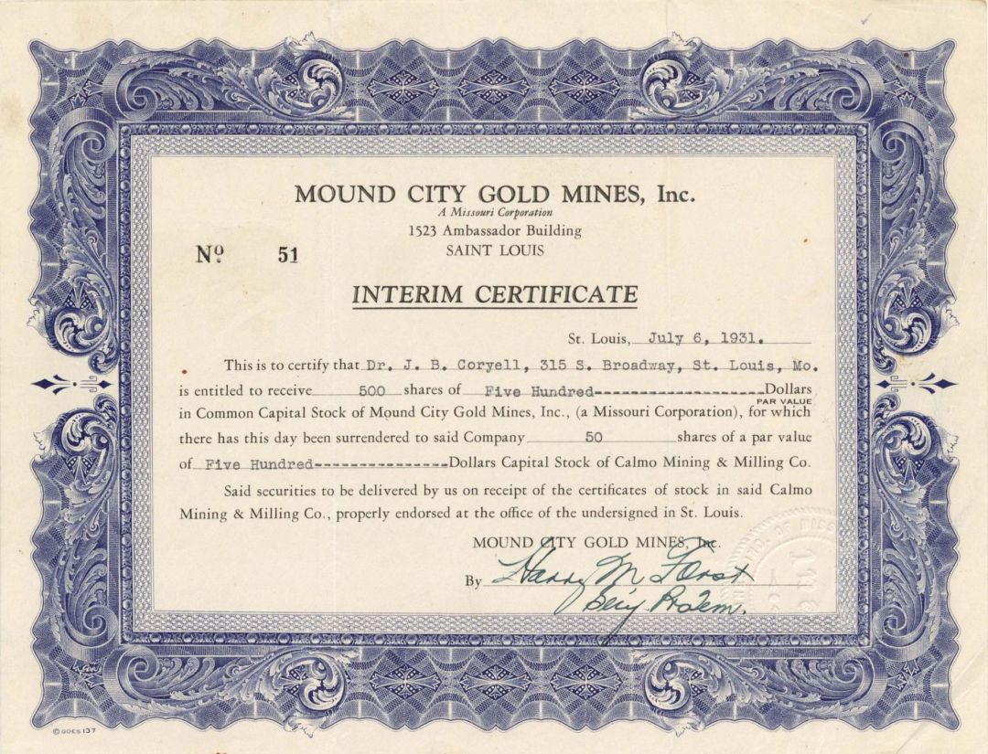 Mound City Gold Mines, Inc. - 1931 dated Mining Stock Certificate