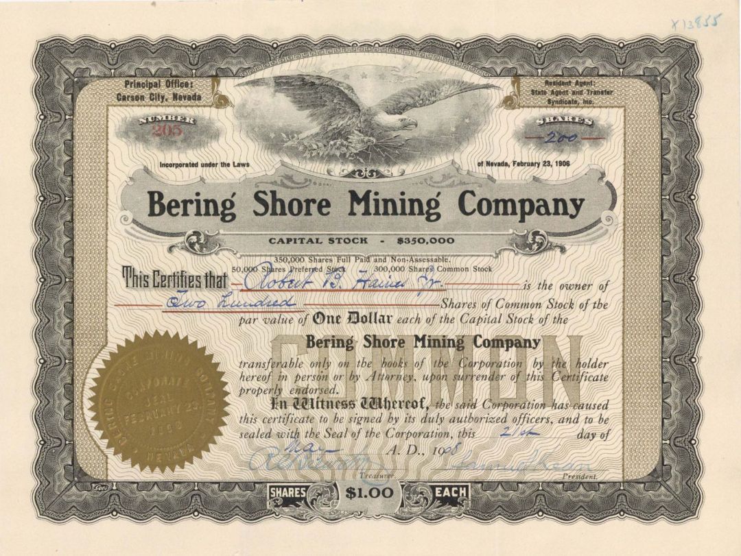 Bering Shore Mining Co. - 1908-1910 dated Mining Stock Certificate