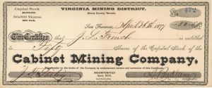 Cabinet Mining Co. - 1877 dated Mining Stock Certificate