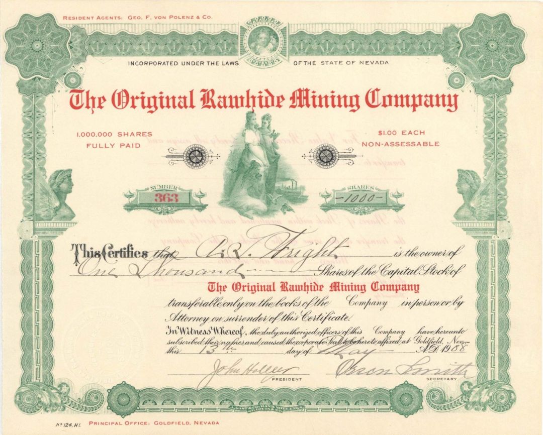 Original Rawhide Mining Co. - 1908 dated Mining Stock Certificate