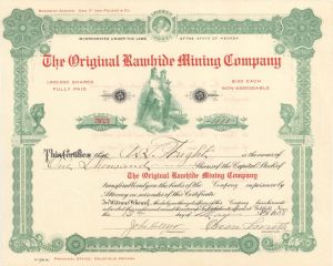 Original Rawhide Mining Co. - 1908 dated Mining Stock Certificate