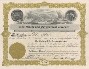 Echo Mining and Development Co. - 1920 dated Mining Stock Certificate