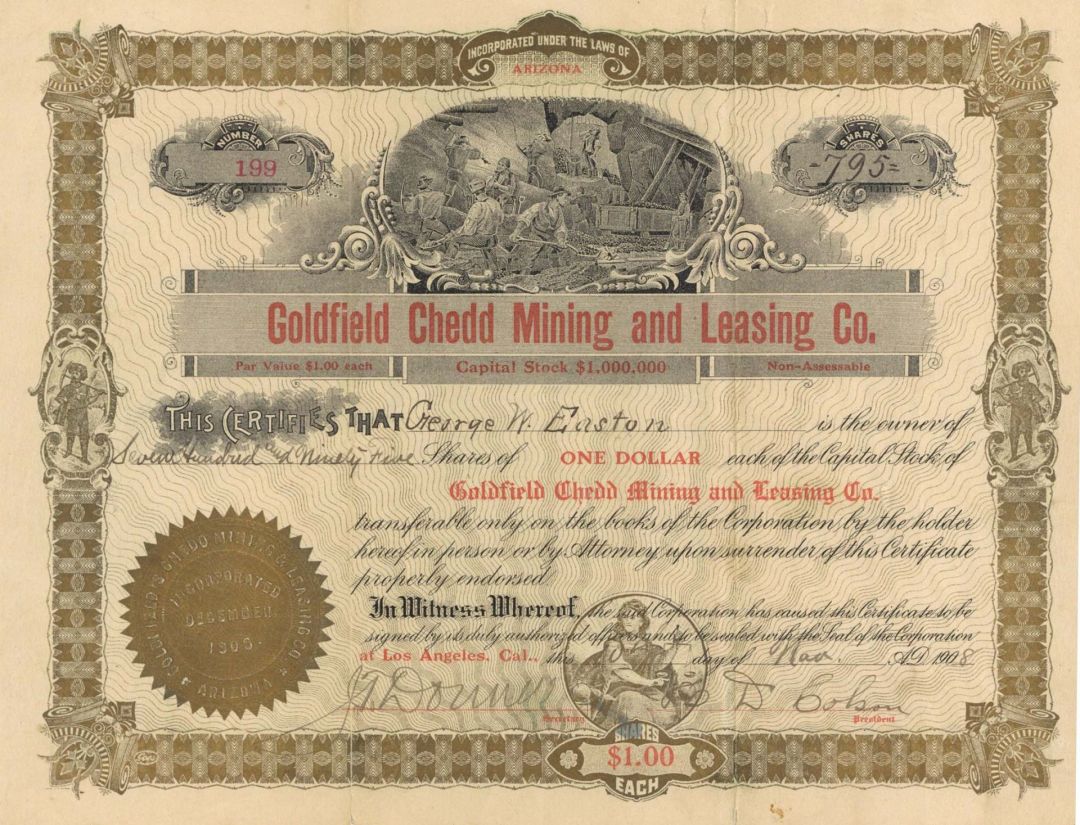 Goldfield Chedd Mining and Leasing Co. - 1908 dated Mining Stock Certificate