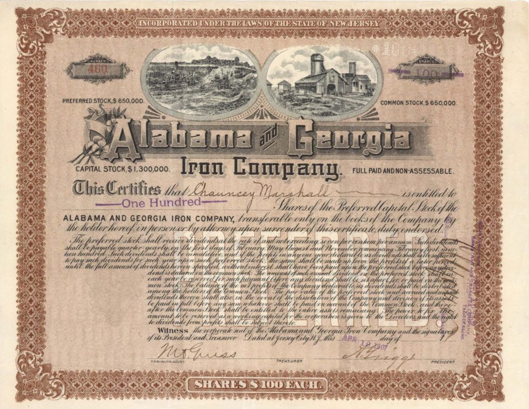 Alabama and Georgia Iron Co. - 1907 dated Stock Certificate