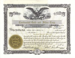 Continental Gold and Silver Corp. - 1971 dated Utah Mining Stock Certificate