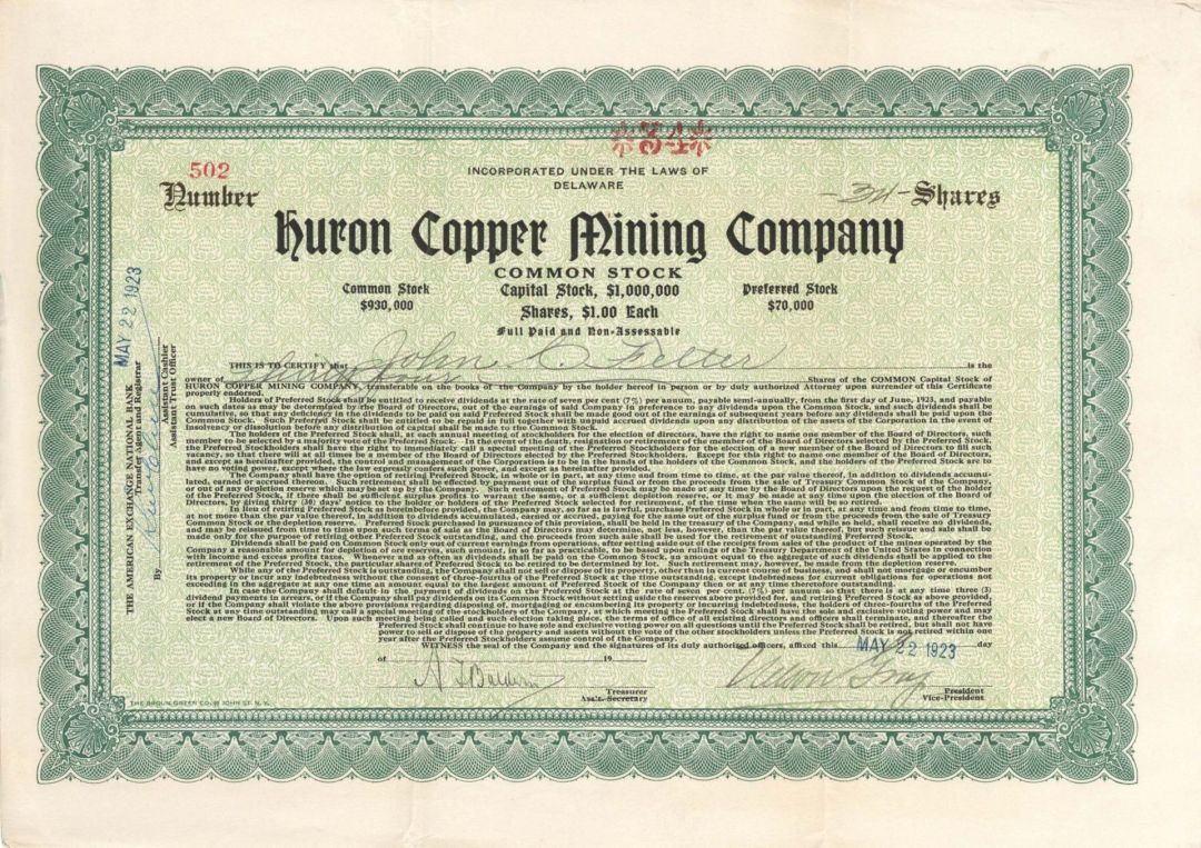 Huron Copper Mining Co. - 1923 dated Stock Certificate