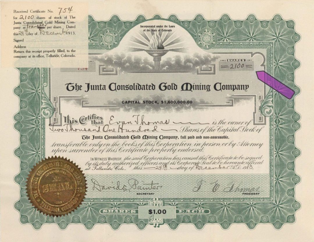 Junta Consolidated Gold Mining Co. - 1913 dated Stock Certificate