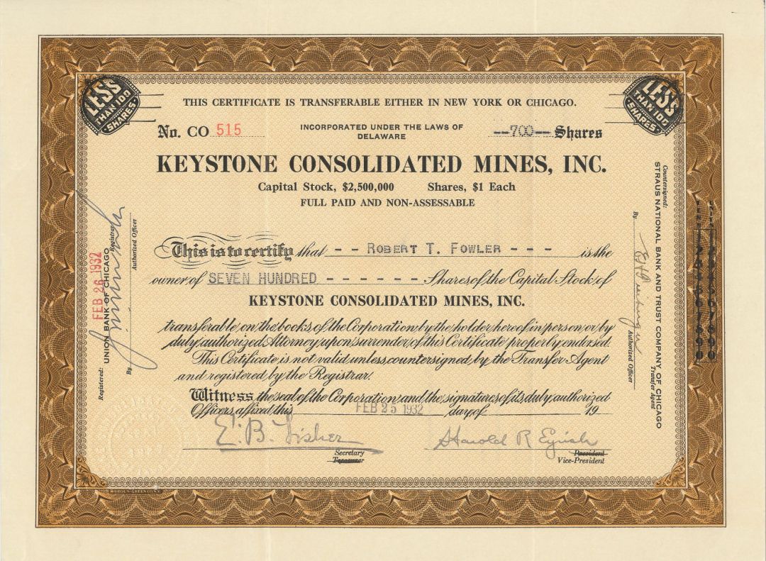 Keystone Consolidated Mines, Inc. - 1931 or 1932 dated Stock Certificate