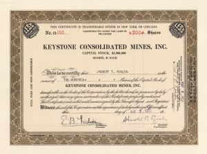 Keystone Consolidated Mines, Inc. - 1931 or 1932 dated Stock Certificate