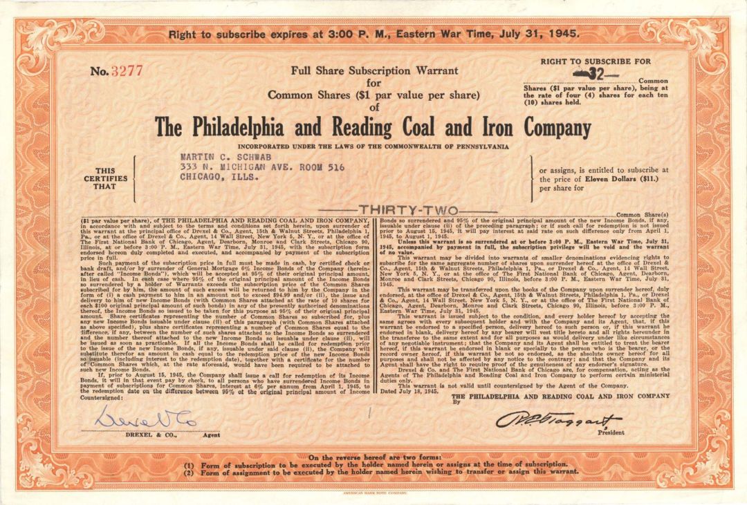 Philadelphia and Reading Coal and Iron Co. - 1945 dated Stock Certificate