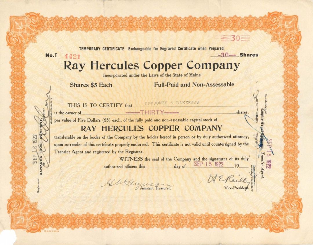 Ray Hercules Copper Co. - 1922 dated Stock Certificate