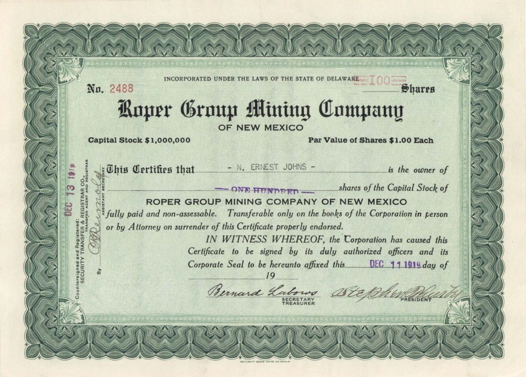 Roper Group Mining Co. - 1919 dated Stock Certificate