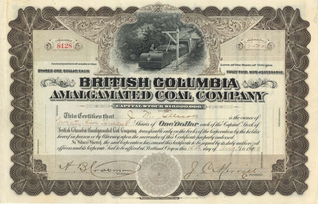 British Columbia Amalgamated Coal Co. -  1910 dated Stock Certificate