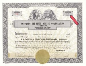 Colorado Tri-State Mining Corp. -  1956 dated Stock Certificate