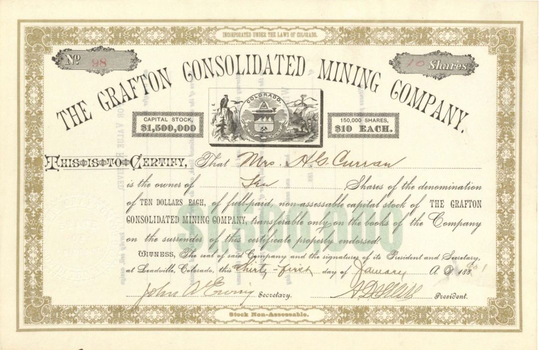 Grafton Consolidated Mining Co. -  1901 dated Stock Certificate