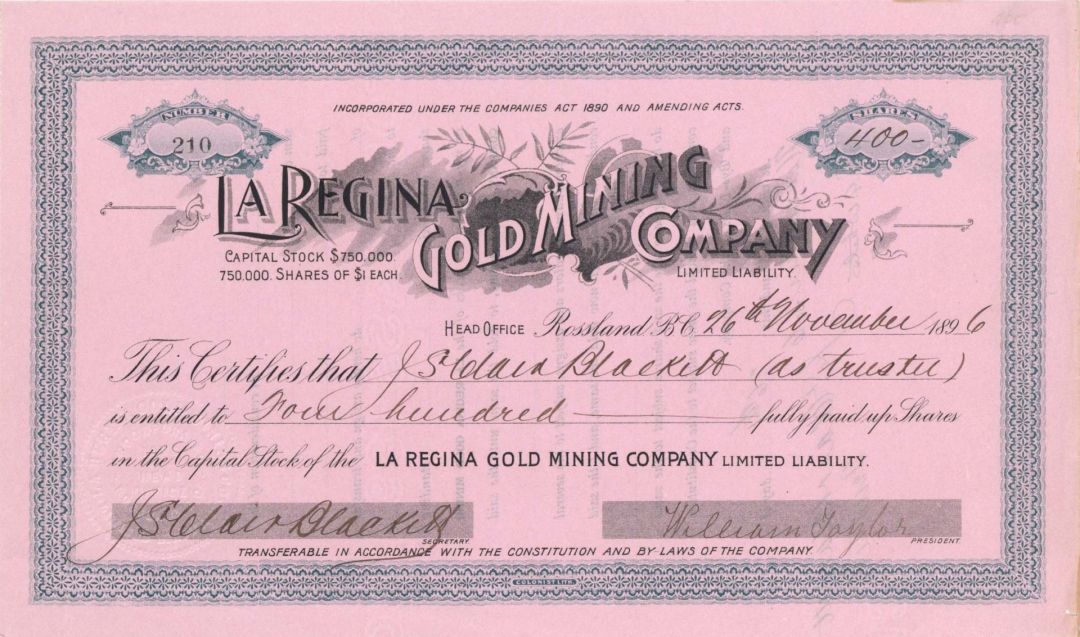 La Regina Gold Mining Co. -  1896 dated Stock Certificate