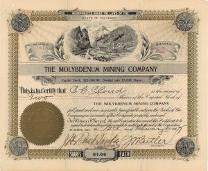 Molybdenum Mining Co. -  1907 dated Stock Certificate