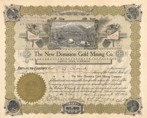 New Dominion Gold Mining Co. -  1906 dated Stock Certificate