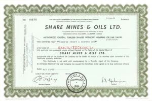 Share Mines and Oils Ltd. -  1978 dated Stock Certificate