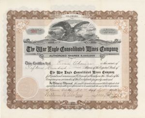 War Eagle Consolidated Mines Co. -  1916-1920 dated Stock Certificate