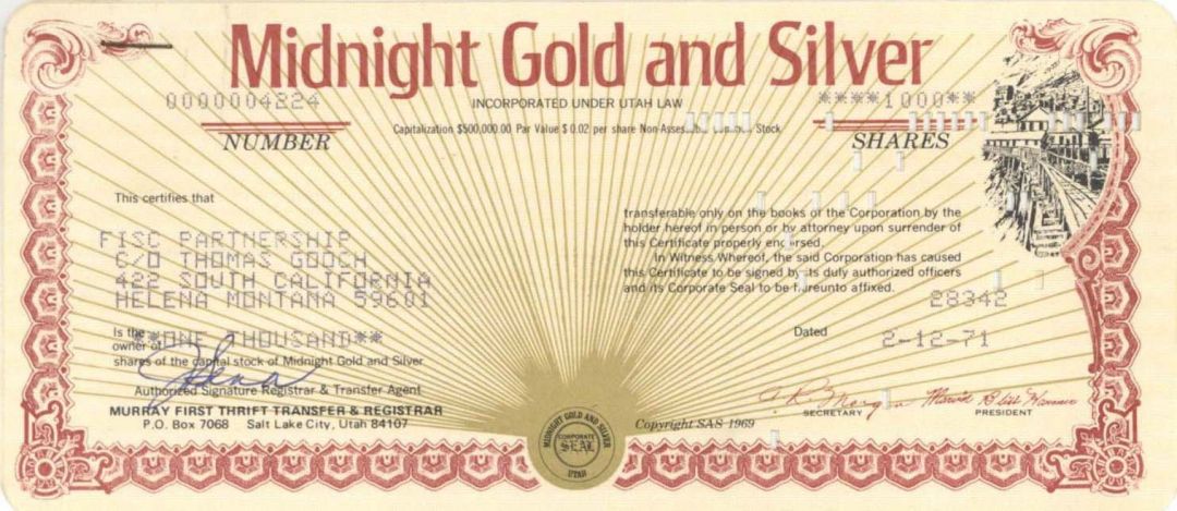 Midnight Gold and Silver -  1971 dated Stock Certificate